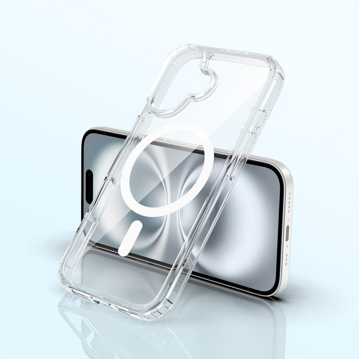 Un étui de téléphone transparent avec un cercle blanc est placé sur un smartphone argenté, sur fond bleu clair.