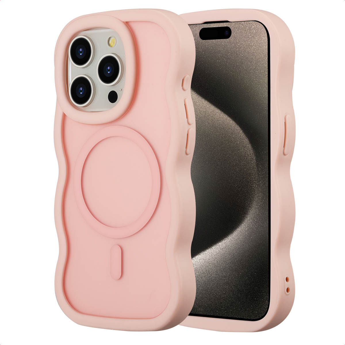 Een roze telefoonhoesje met een golvend ontwerp, met een zwarte telefoonscherm. De hoes heeft een cirkelvormige inkeping.