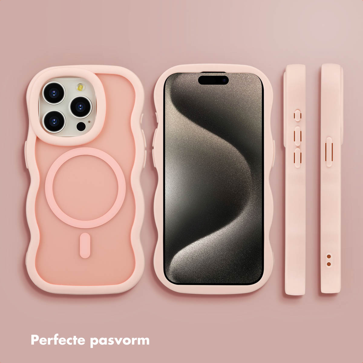 Roze telefoonhoesje en accessoires. Onderdelen van de telefoonhoes worden getoond tegen een roze achtergrond. De hoes en onderdelen zijn roze.