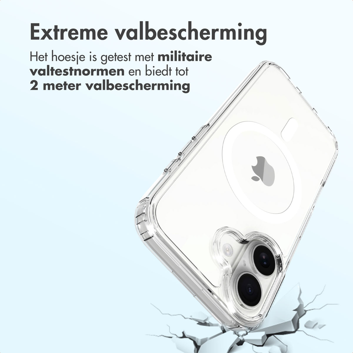 Coque de téléphone transparente avec logo Apple, en biais, sur fond bleu clair, sol fissuré en dessous. Texte : 'Protection extrême contre les chutes'.