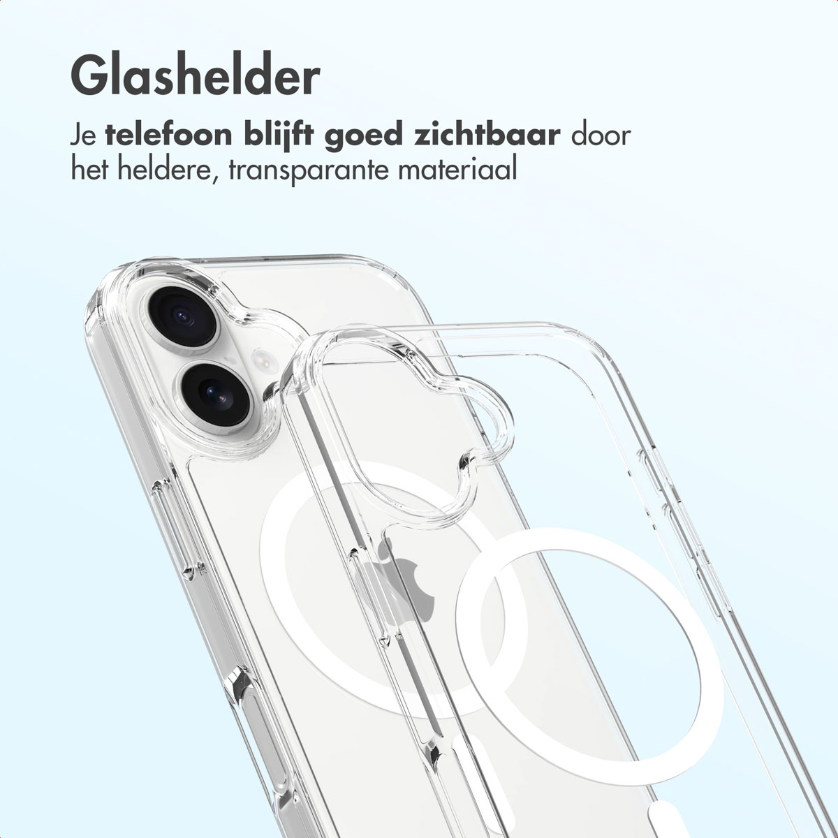 Une coque transparente sur un iPhone. La coque est transparente et montre l'arrière du téléphone avec sa caméra et le logo Apple.