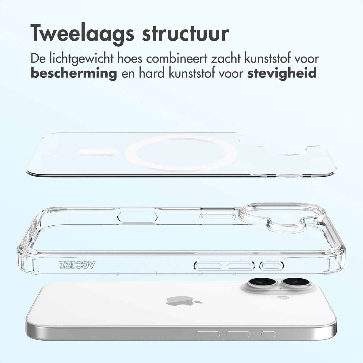 Une coque de téléphone transparente avec un téléphone en dessous. La coque est en trois parties. Le téléphone est blanc et a deux caméras.