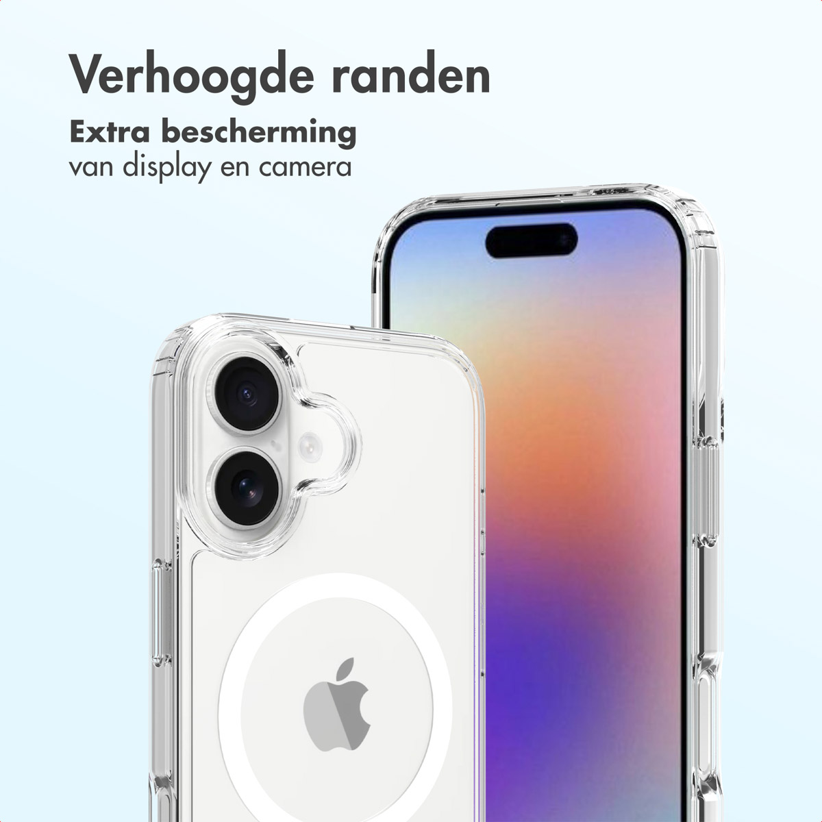 Deux coques de téléphone transparentes, présentant un téléphone avec un écran coloré. La coque de gauche affiche le logo Apple.