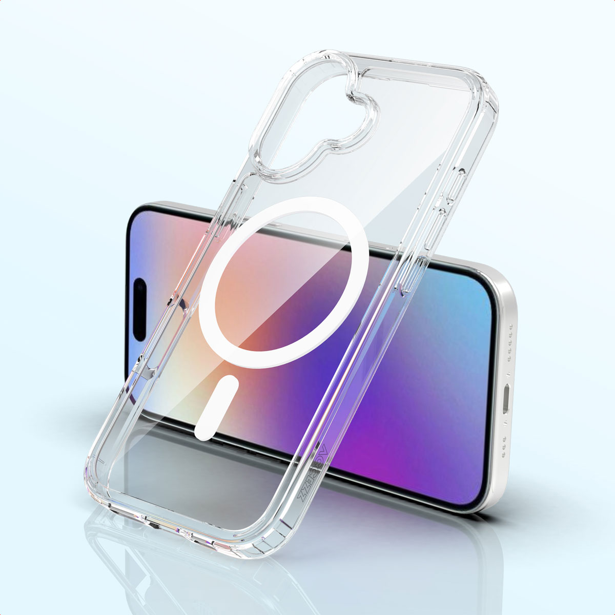 Coque de téléphone transparente avec cercle MagSafe blanc et téléphone à l'intérieur. Le téléphone a un écran violet et bleu, bords argentés.