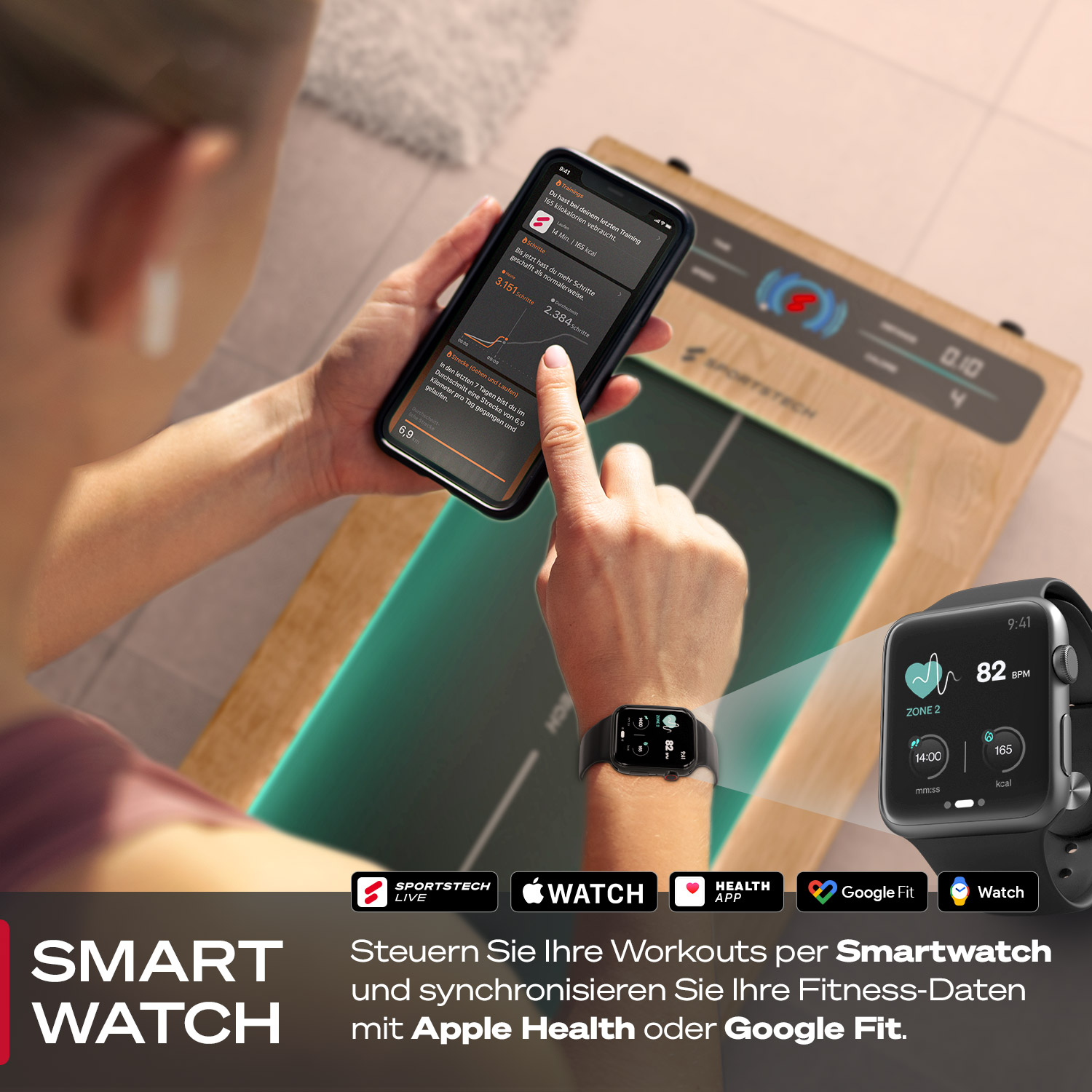 Eine Person nutzt eine Smartwatch und ein Telefon, um Fitnessdaten zu überwachen. Workout-Informationen werden angezeigt.