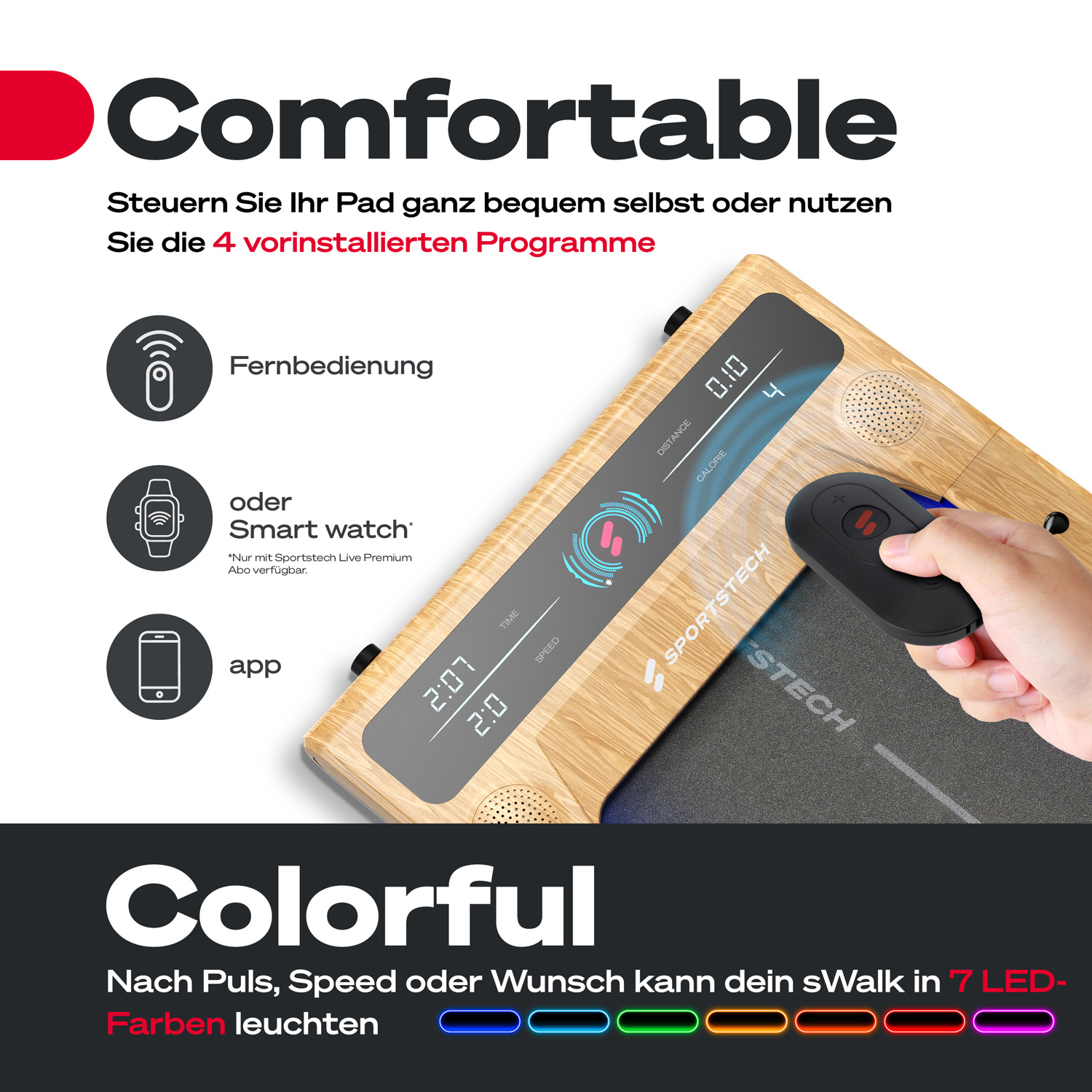 Eine Hand hält eine schwarze Fernbedienung über einem hölzernen Trainingsgerät. Die Maschine hat ein Display und die Worte 'Comfortable' und 'Colorful'.