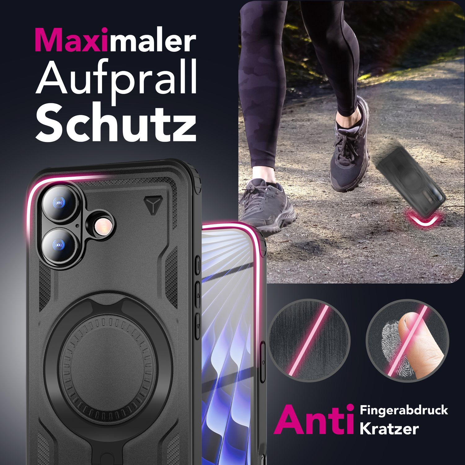 La imagen muestra una funda de teléfono que protege un teléfono. Una persona corre por un sendero. La funda es antiarañazos y a prueba de huellas dactilares.