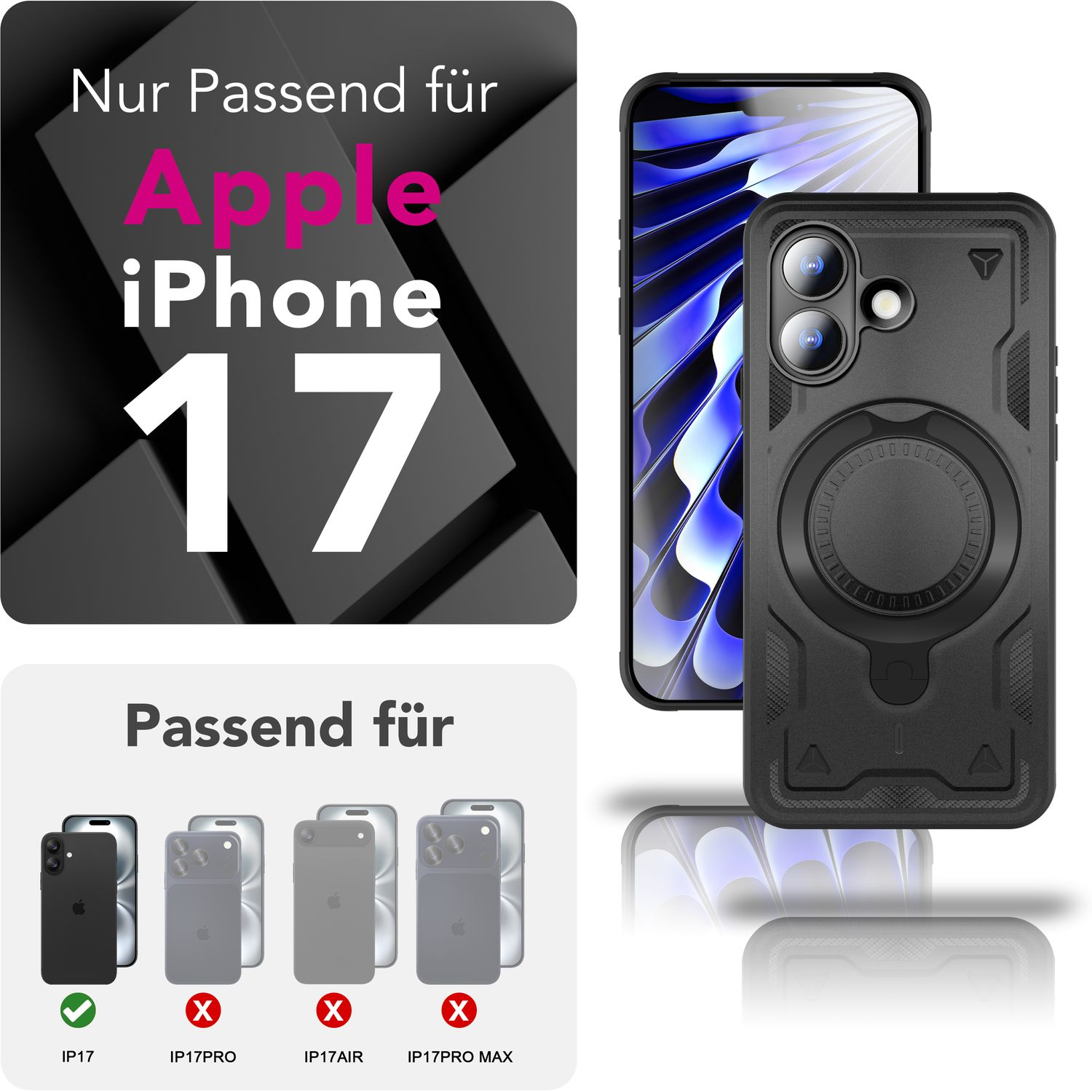 iPhone 17 negro con funda protectora. El texto indica compatibilidad. Otros teléfonos están tachados. La funda se muestra delante del teléfono.