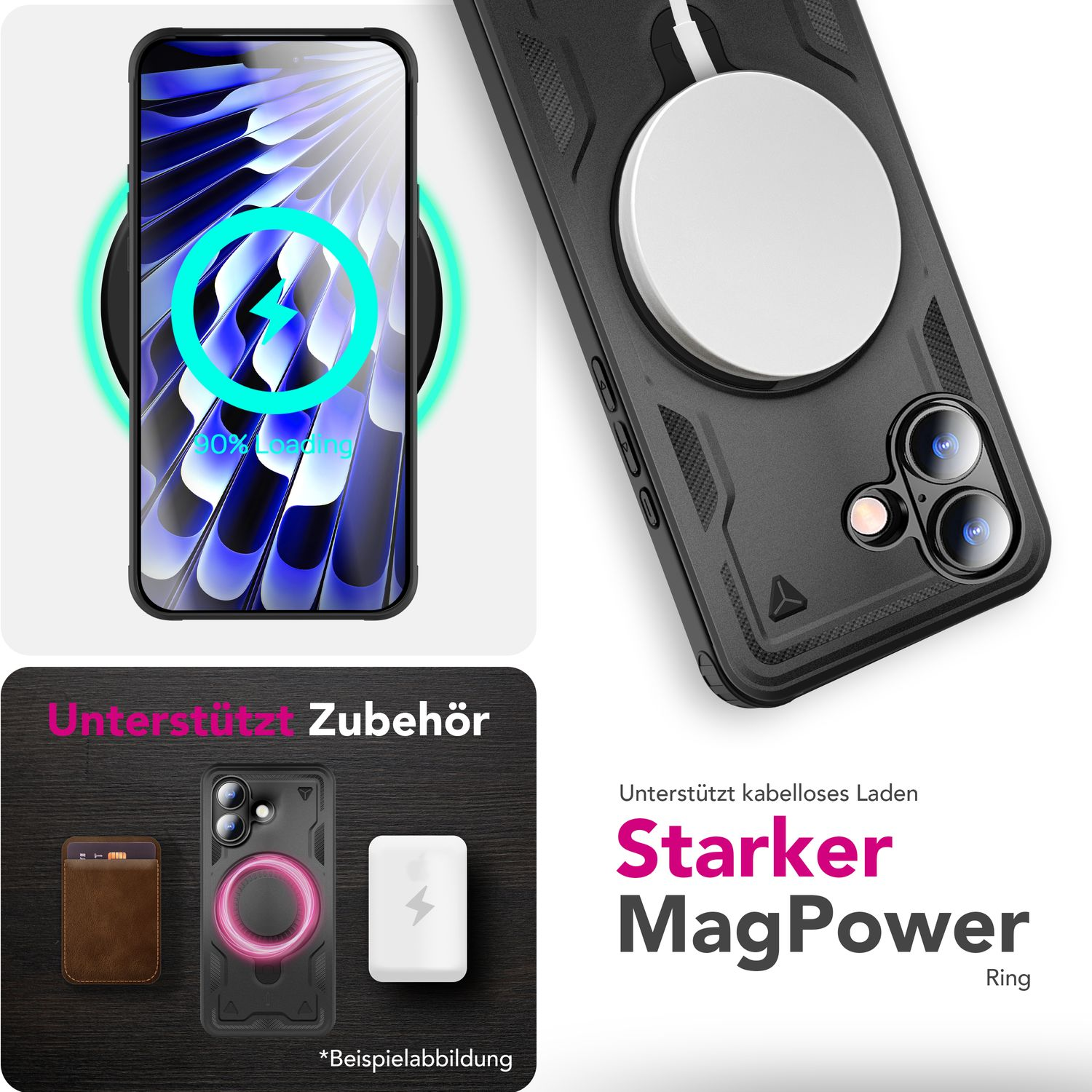 Teléfono cargando de forma inalámbrica con un icono de rayo en la pantalla. Anillo MagPower, accesorios y funda mostrados.
