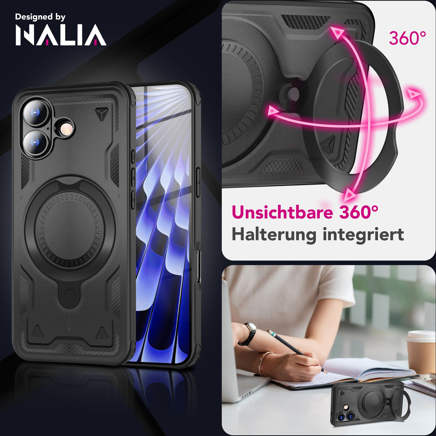 Se muestra una funda negra para teléfono con soporte de anillo, diseñada por NALIA. La imagen también muestra a una persona escribiendo y una rotación de 360 grados.