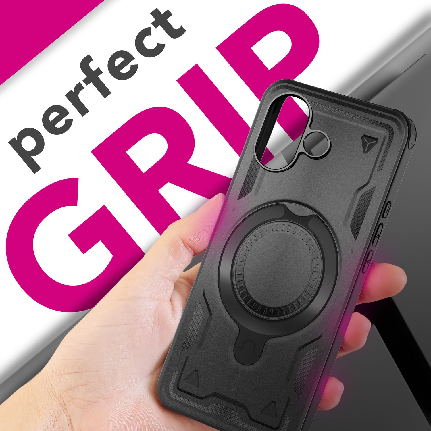 Una mano sostiene una funda negra para teléfono. La funda tiene un soporte de anillo y está contra un fondo blanco con texto rosa que dice 'perfect GRIP'.