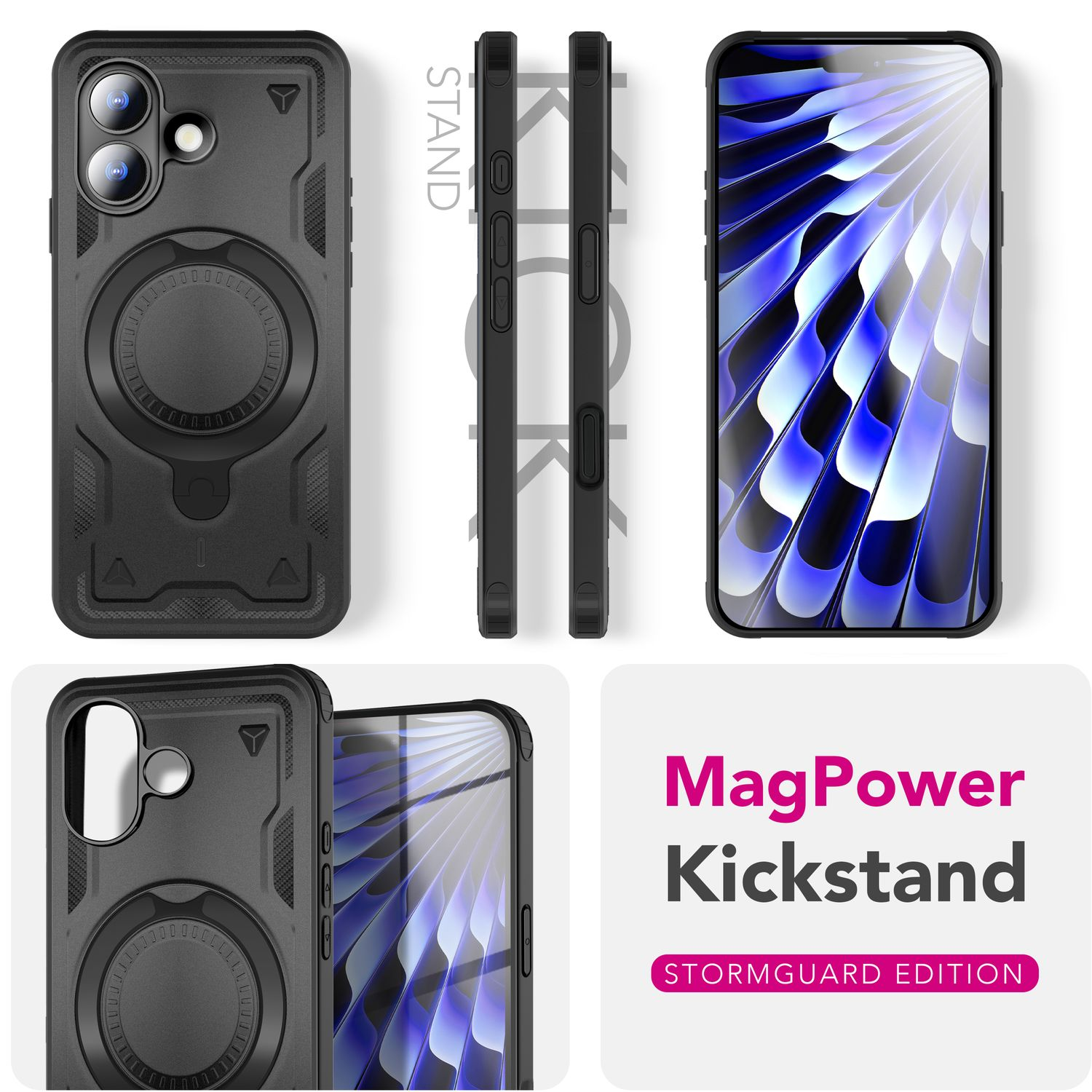 Una funda negra con soporte y un teléfono con un diseño abstracto azul y blanco en la pantalla. La funda está etiquetada como MagPower Kickstand.