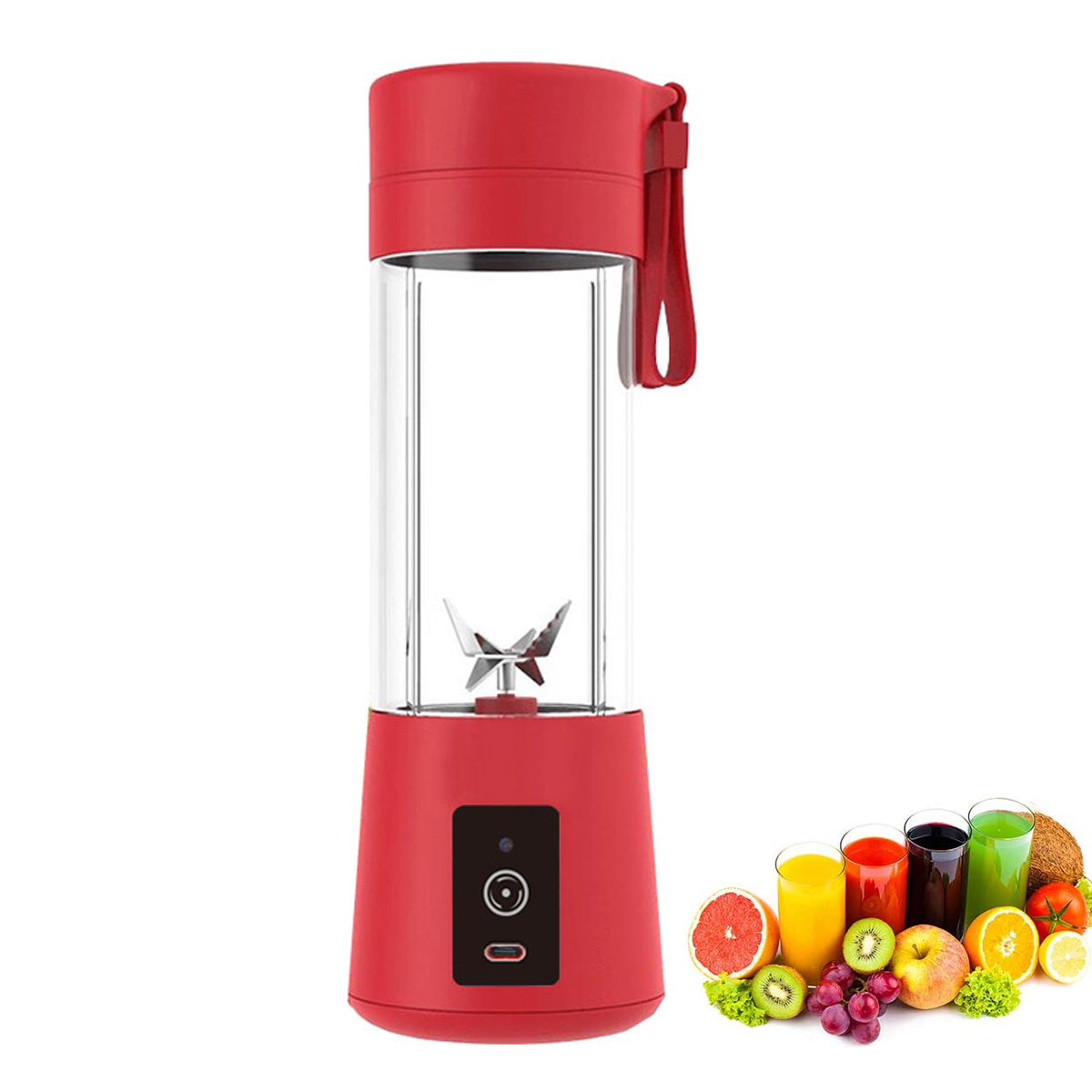 Ein roter tragbarer Mixer mit einem Glasbehälter. Obst und Saftgläser befinden sich auf der rechten Seite. Der Mixer steht vor weißem Hintergrund.