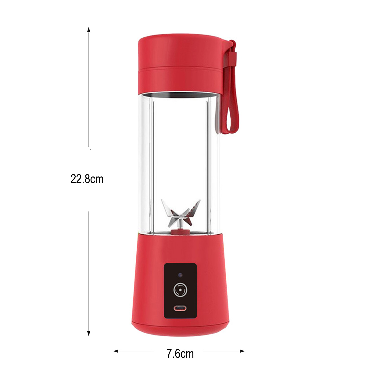 Ein roter und transparenter tragbarer Mixer. Er hat einen roten Sockel, einen transparenten Behälter und einen roten Deckel mit Griff. Abmessungen sind angegeben.