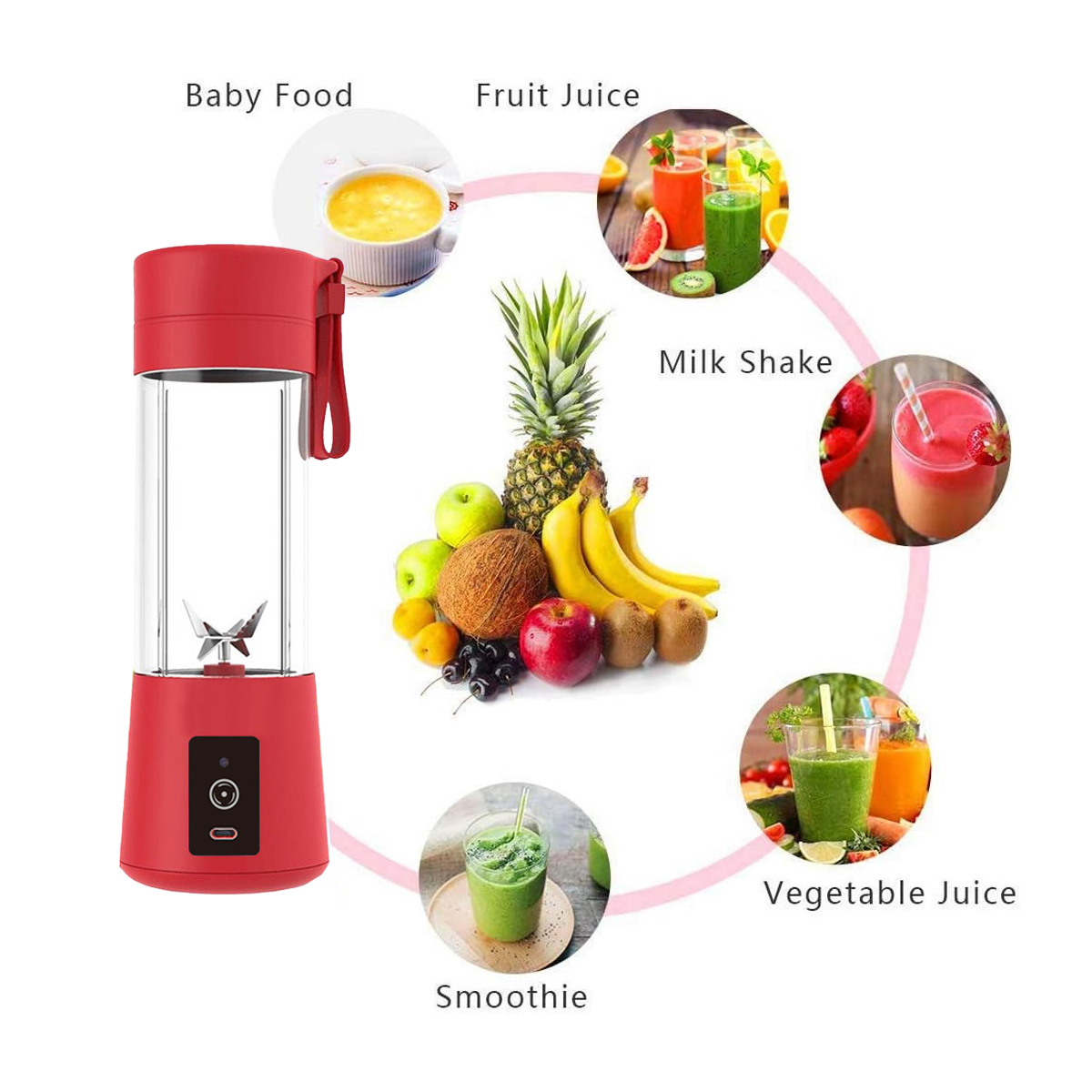 Roter Mixer, Früchte (Ananas, Bananen, Kiwi, Äpfel) und Getränke (Smoothie, Saft, Milchshake, Babynahrung) in Kreisen.