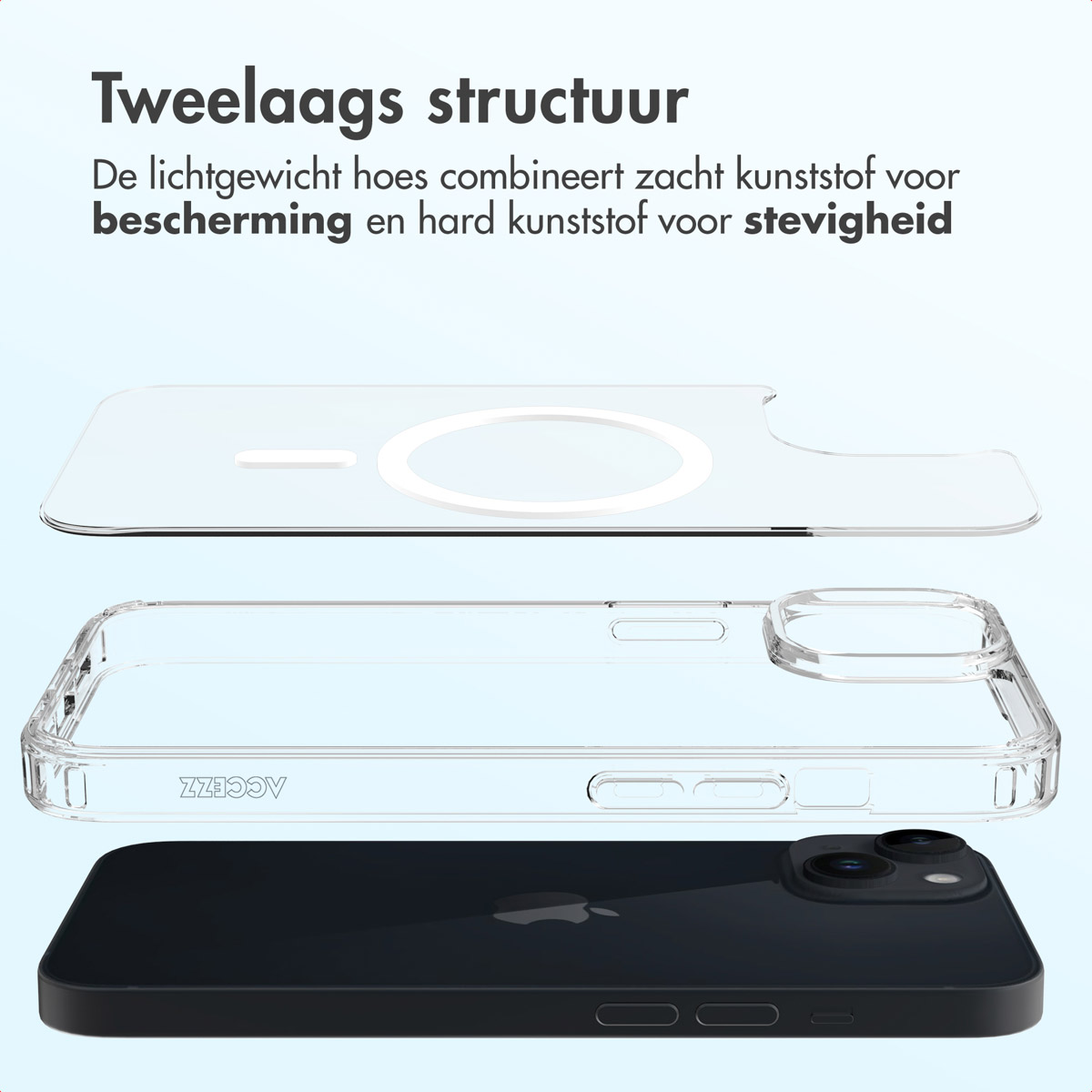 Couches d'étui de téléphone transparent. L'étui est au-dessus d'un téléphone noir avec le logo Apple. Texte en néerlandais.