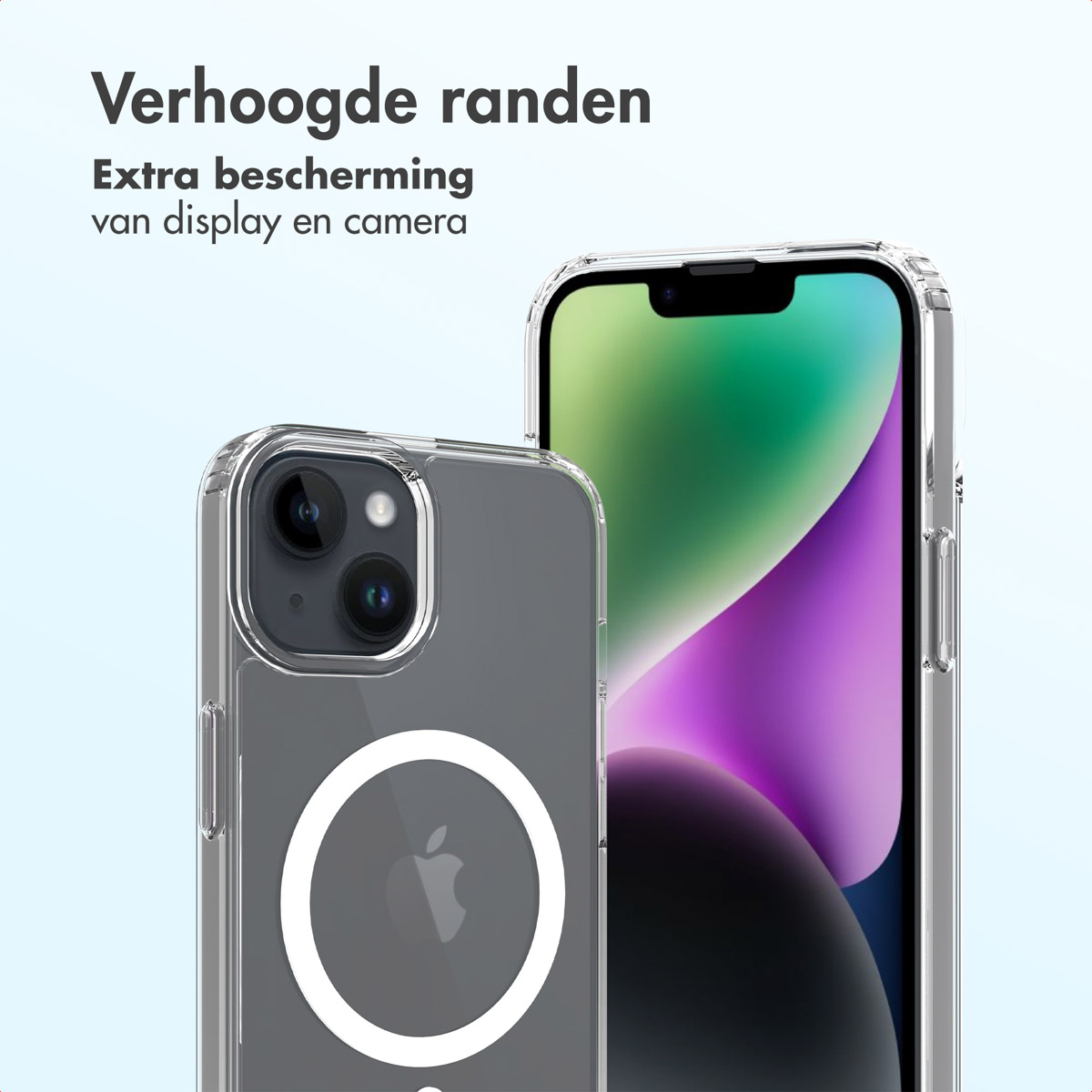 Deux coques de téléphone transparentes. L'une recouvre partiellement un téléphone avec écran coloré.