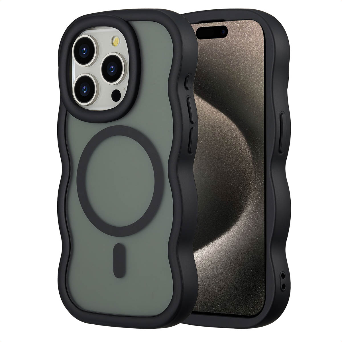 Twee telefoonhoesjes. Eén toont de cameralenzen. De hoesjes hebben een zwart, golvend frame en een groene, doorschijnende achterkant.