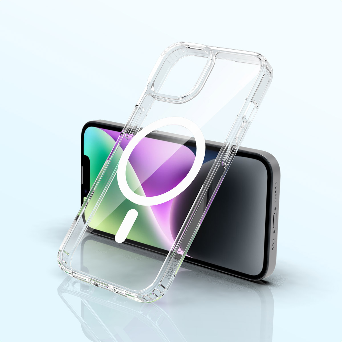 Una custodia trasparente con un anello magnetico bianco è appoggiata a uno smartphone nero. Il telefono mostra uno sfondo colorato.
