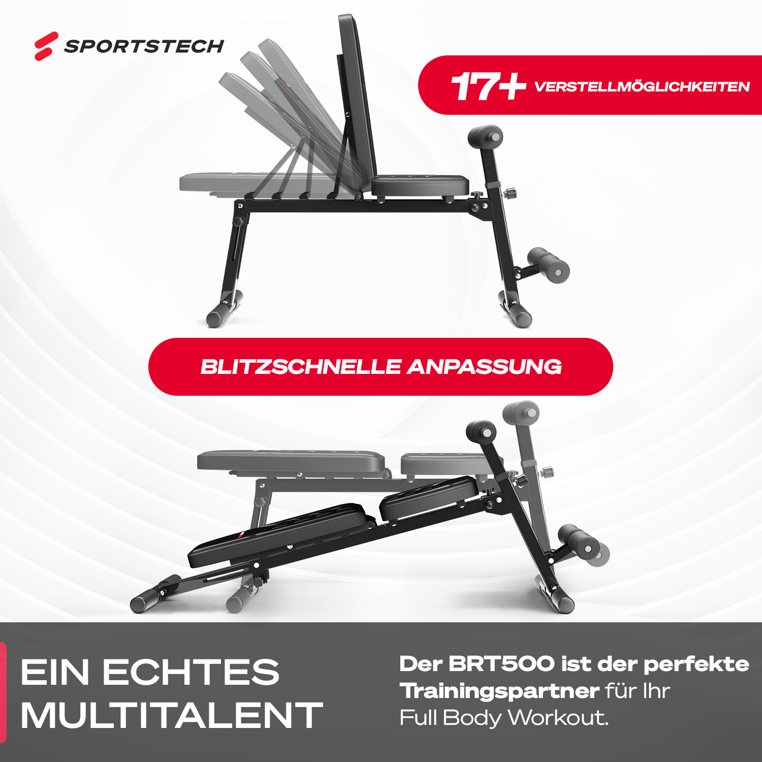 Eine verstellbare Trainingsbank in Schwarz und Grau. Die Bank wird in mehreren Positionen angezeigt, mit dem Text 'Blitzschnelle Anpassung' und '17+ Verstellmöglichkeiten'.