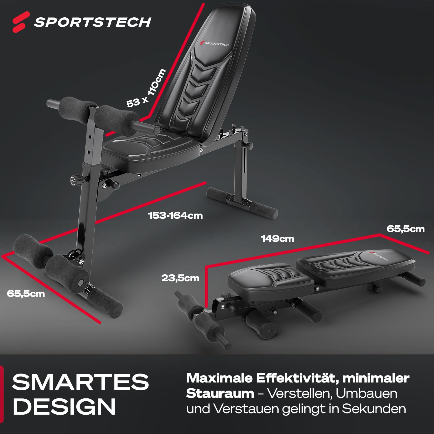 Eine verstellbare, schwarze Hantelbank mit Maßangaben. Sie hat schwarze Polster, Stützstangen und Schaumstoffrollen. Das Sportstech-Logo ist sichtbar.