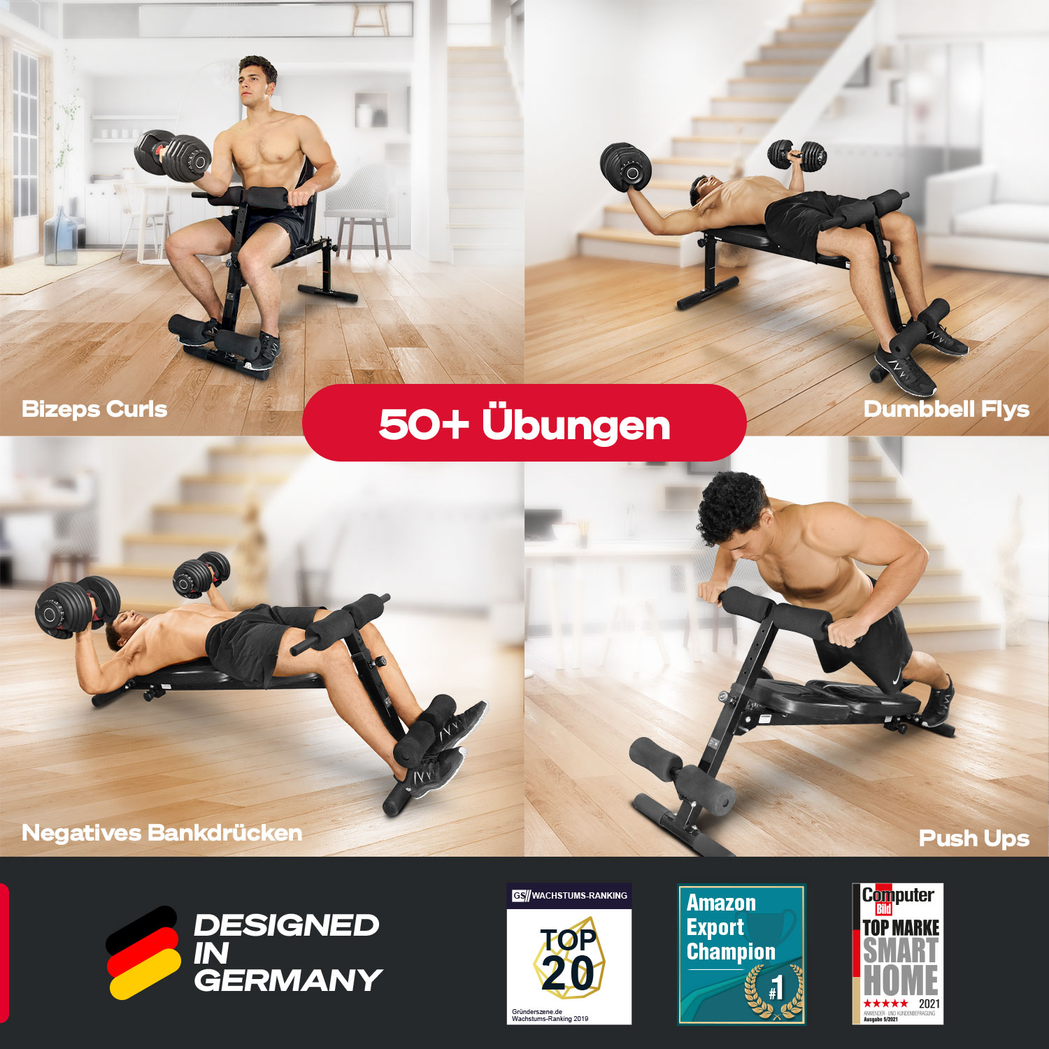 Das Bild zeigt einen Mann, der mit Gewichten trainiert. Gezeigt werden vier verschiedene Übungen: Bizepscurls, Kurzhantelflieger, negatives Bankdrücken und Liegestütze.