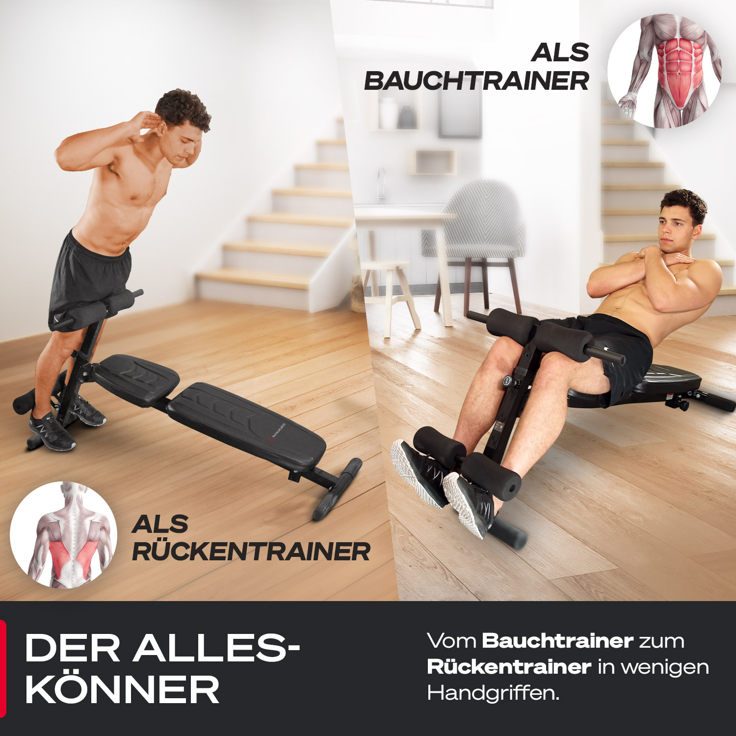 Mann benutzt eine Trainingsbank. Bild zeigt zwei Männer, die die Bank für Rücken- und Bauchübungen benutzen. Text: Multitrainer.