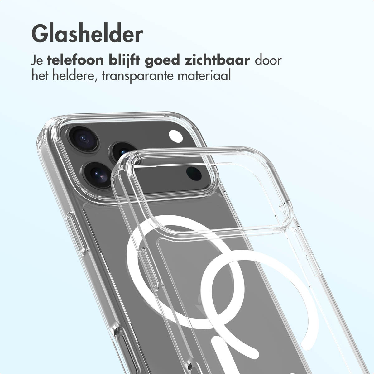Een transparante telefoonhoes die een telefoon met meerdere cameralenzen laat zien. De hoes is transparant, met een wit logo. De achtergrond is lichtblauw.
