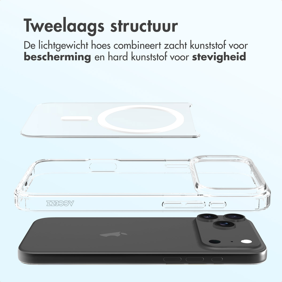 Afbeelding toont een telefoon met een doorzichtige hoes en een bovenlaag van helder plastic. Tekst zegt dat de hoes dubbellaags is.