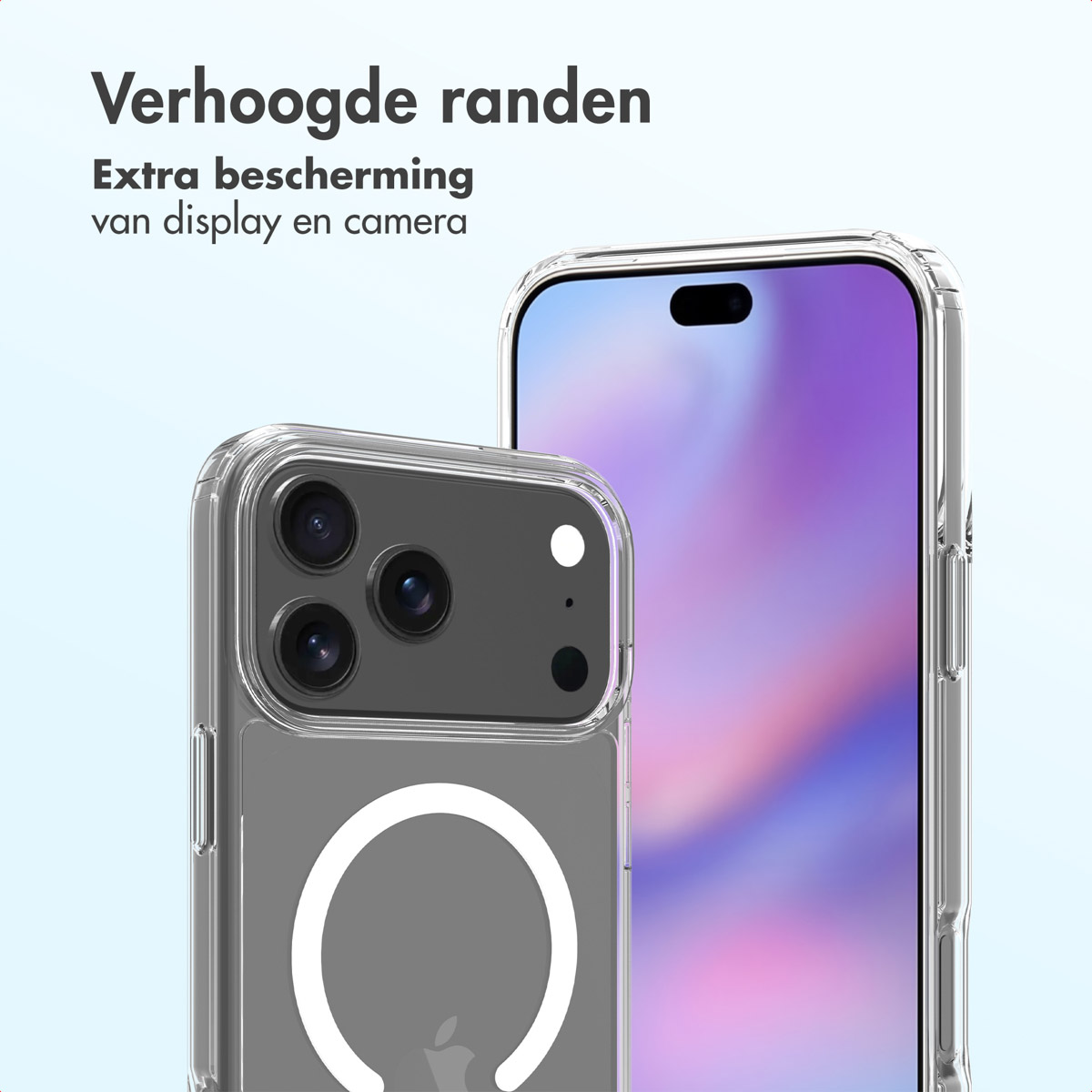 Twee transparante telefoonhoesjes, één met camera en witte cirkel, de andere met scherm. Tekst in het Nederlands.