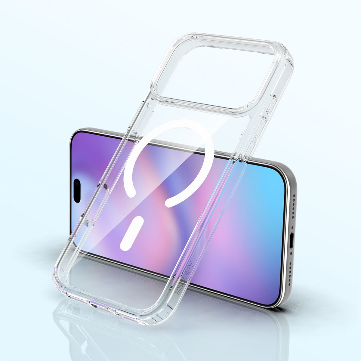 Een doorzichtige telefoonhoes wordt over een telefoon geplaatst. De telefoon heeft een scherm van lichtblauw tot paars. De hoes heeft een wit cirkeldesign.
