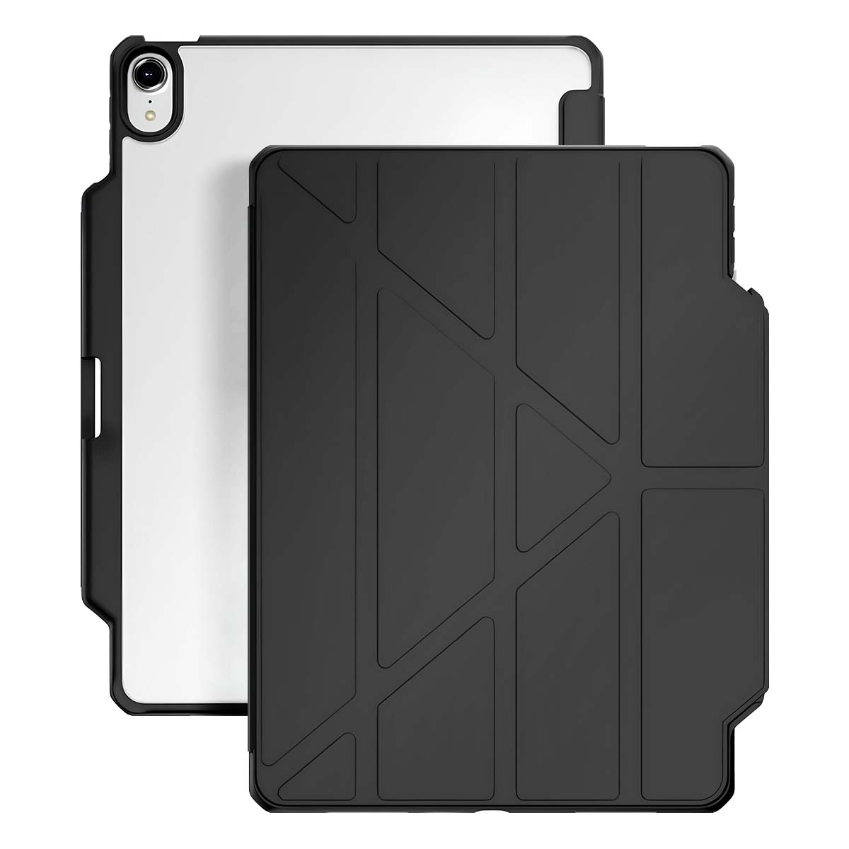 Eine schwarze Tablet-Hülle mit geometrischem Muster, geöffnet, um ein silbernes Tablet freizugeben. Die Hülle ist rechts geschlossen.