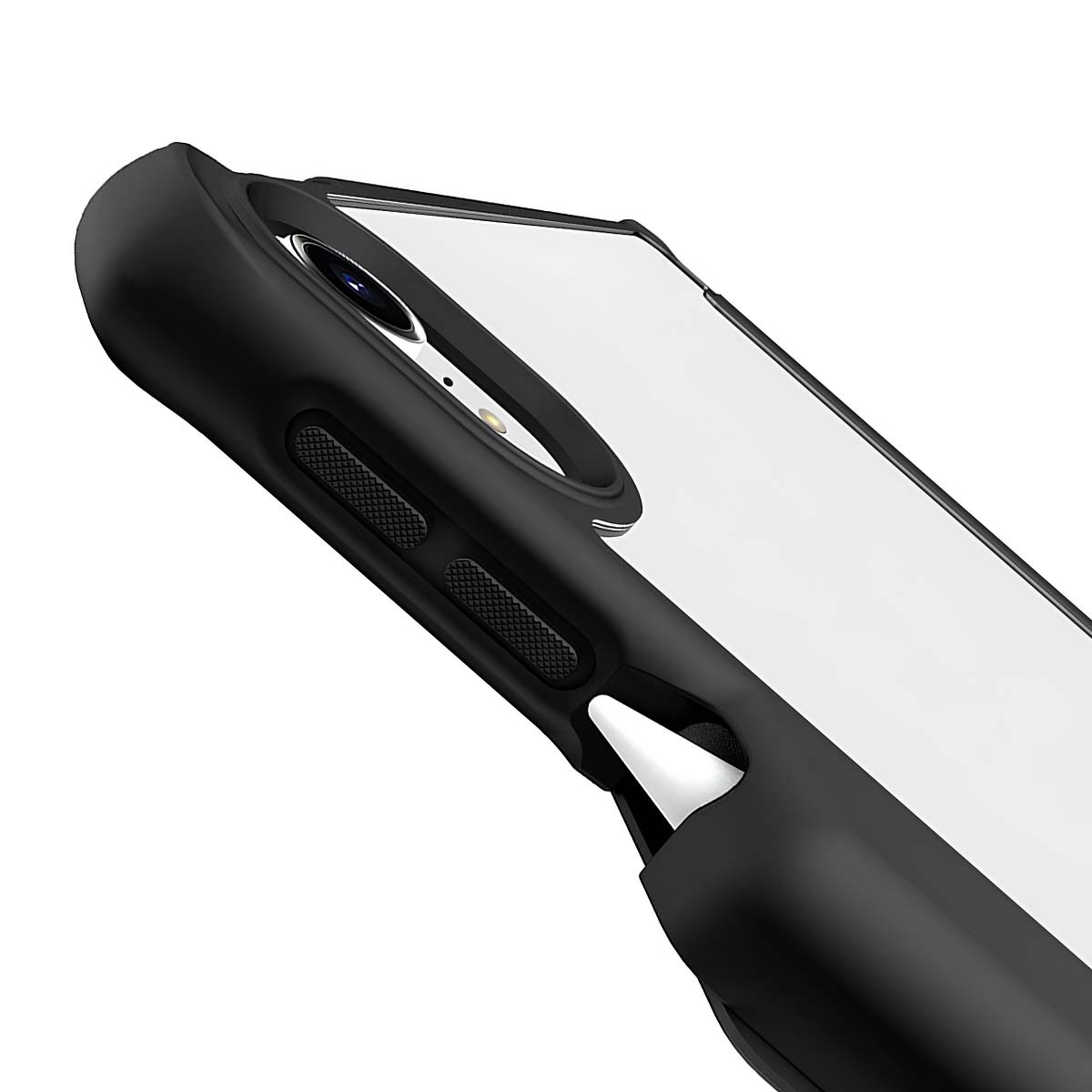 Eine schwarze Handyhülle mit klarer Rückseite, schräge Ansicht. Zeigt Kamera, Knöpfe und einen Stift.