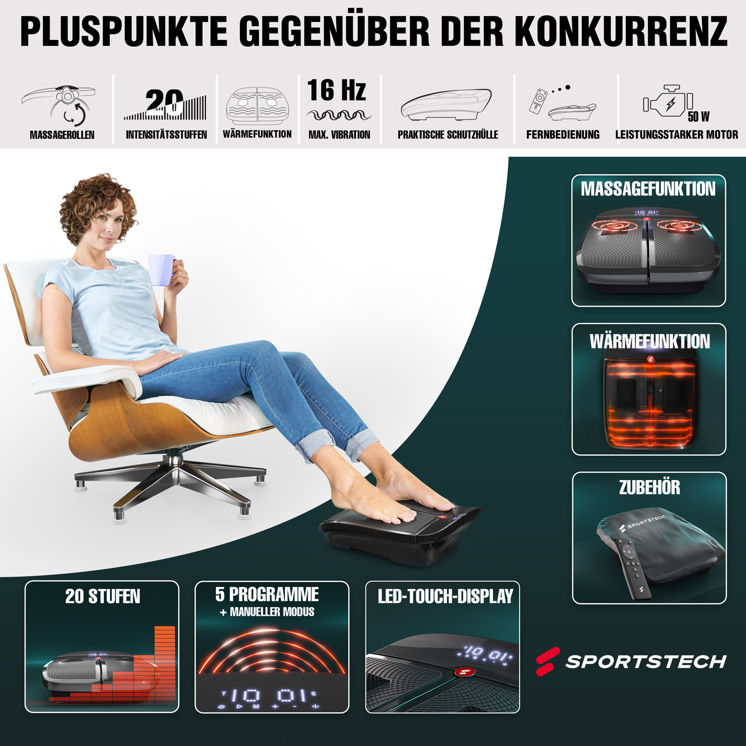 Eine Frau sitzt mit einer Tasse und Füßen auf einem Fußmassagegerät. Text zeigt Massagefunktionen und Produktspezifikationen.