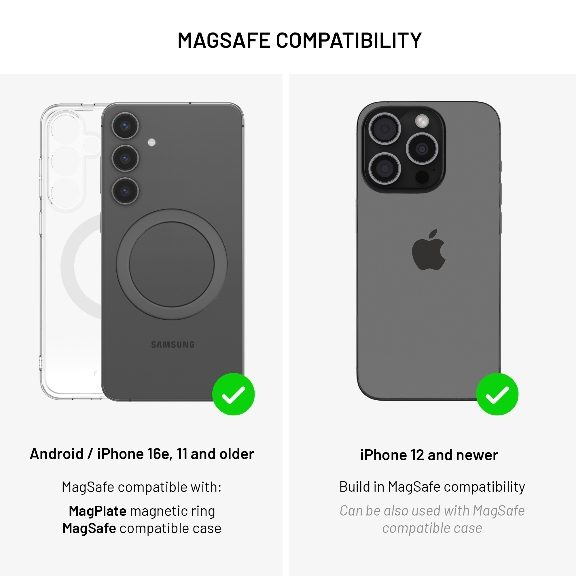Das Bild zeigt zwei Telefone, eines von Samsung und eines von iPhone, die die MagSafe-Kompatibilität hervorheben.