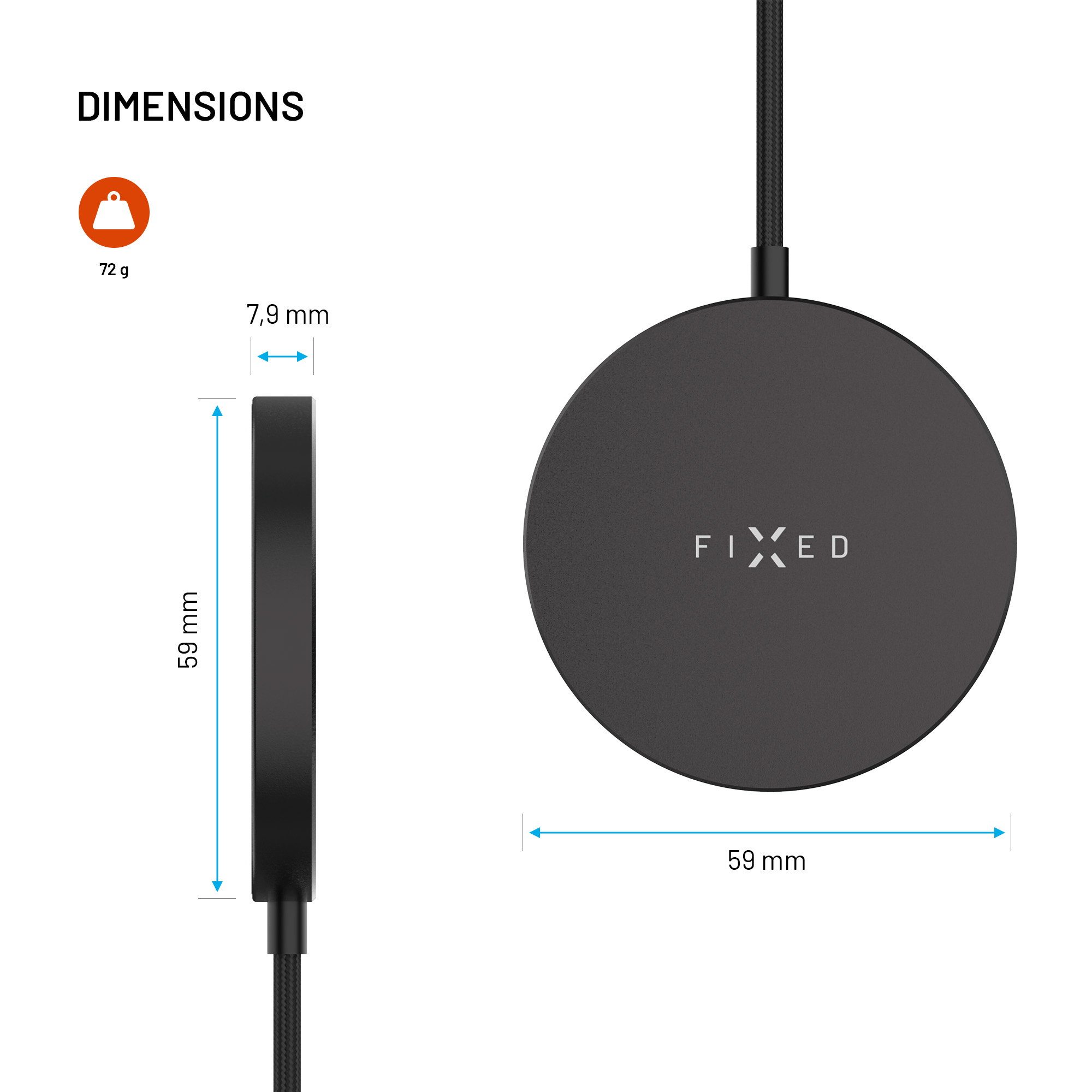 Schwarzes kabelloses Ladegerät mit Abmessungen und Gewichtsangaben. Verfügt über ein rundes Ladepad, Kabel und das 'FIXED'-Logo.