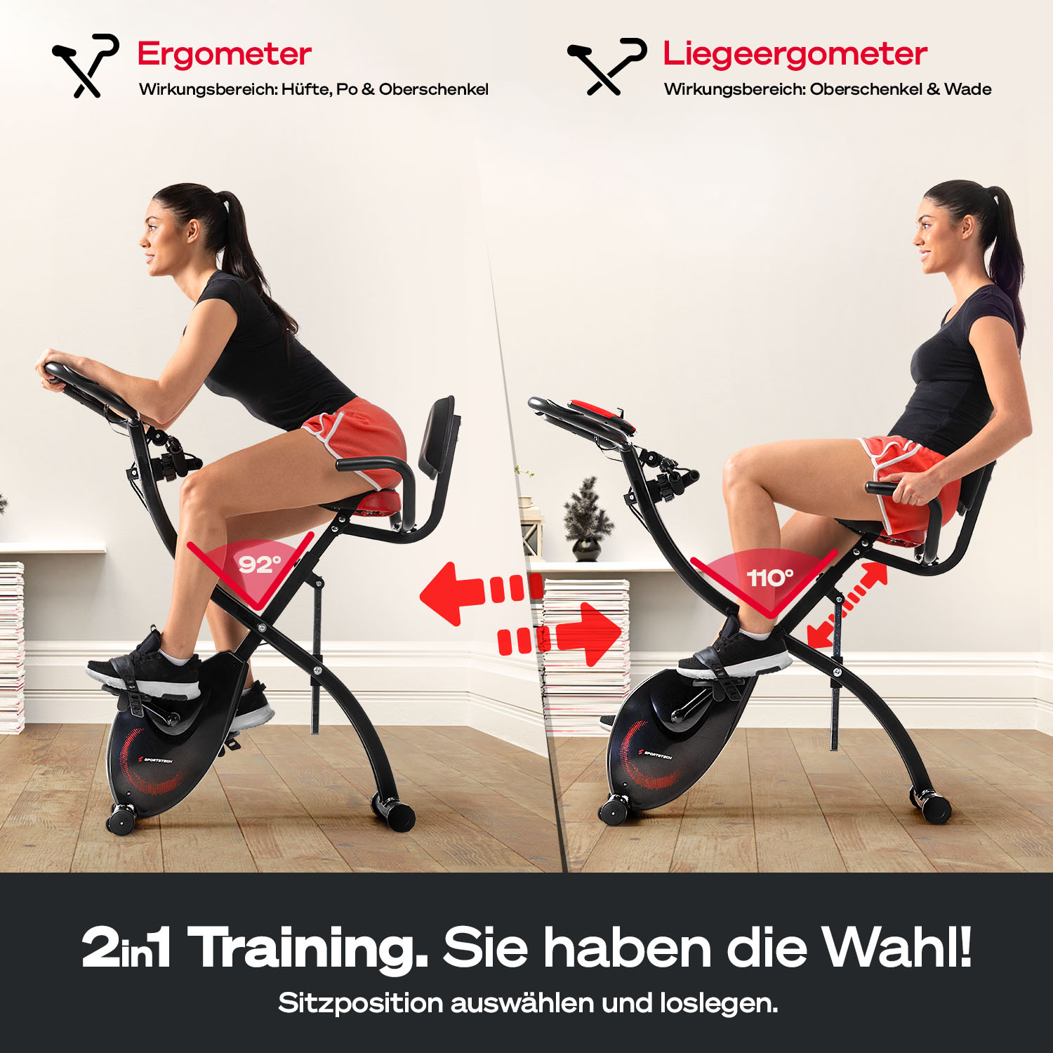 Das Bild zeigt zwei Frauen auf Trainingsrädern, die verschiedene Sitzpositionen demonstrieren. Text hebt Trainingsoptionen hervor.