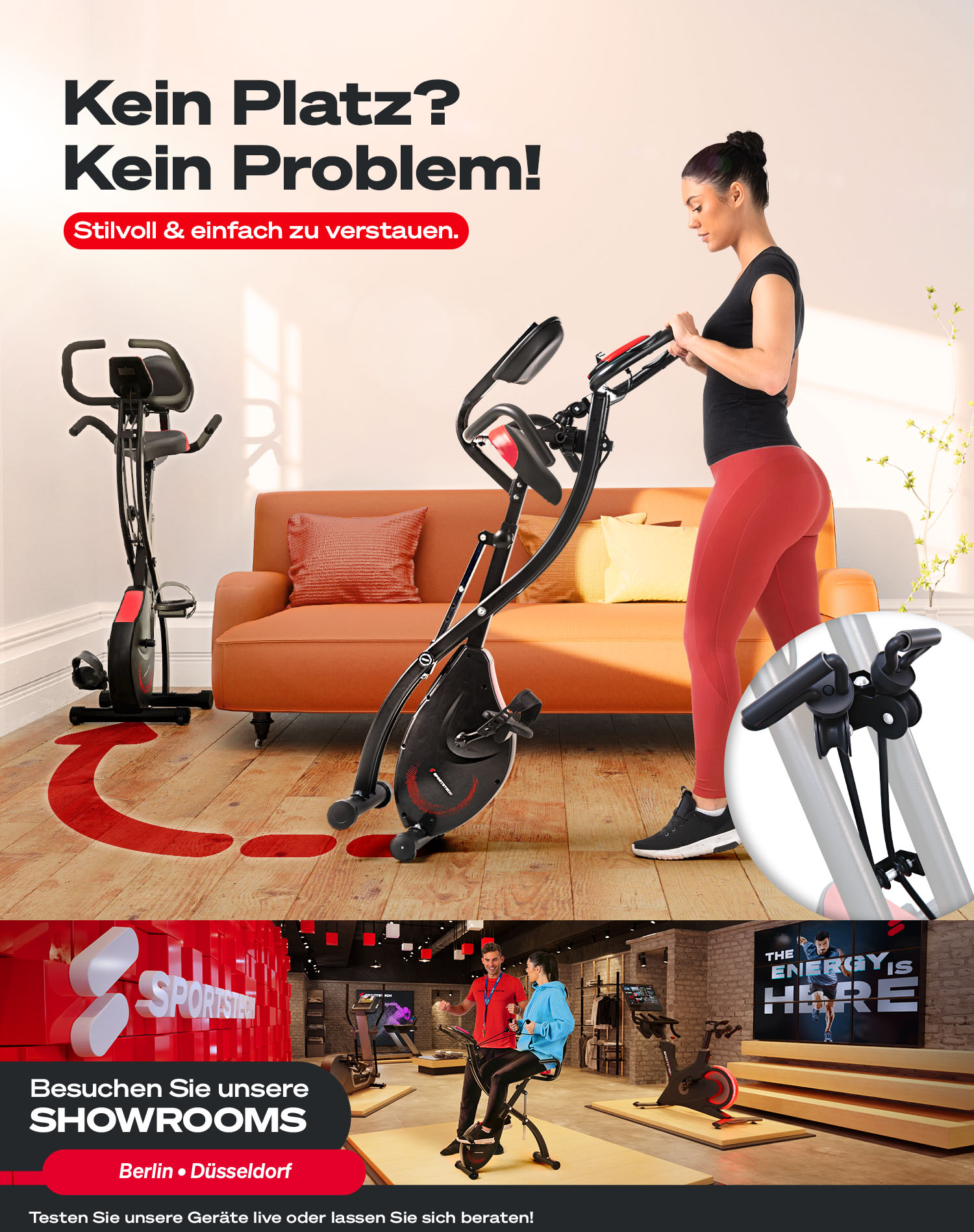 Frau auf einem Heimtrainer. Im Hintergrund ein Sofa und ein Ausstellungsraum mit anderen Ergometern und Personen.