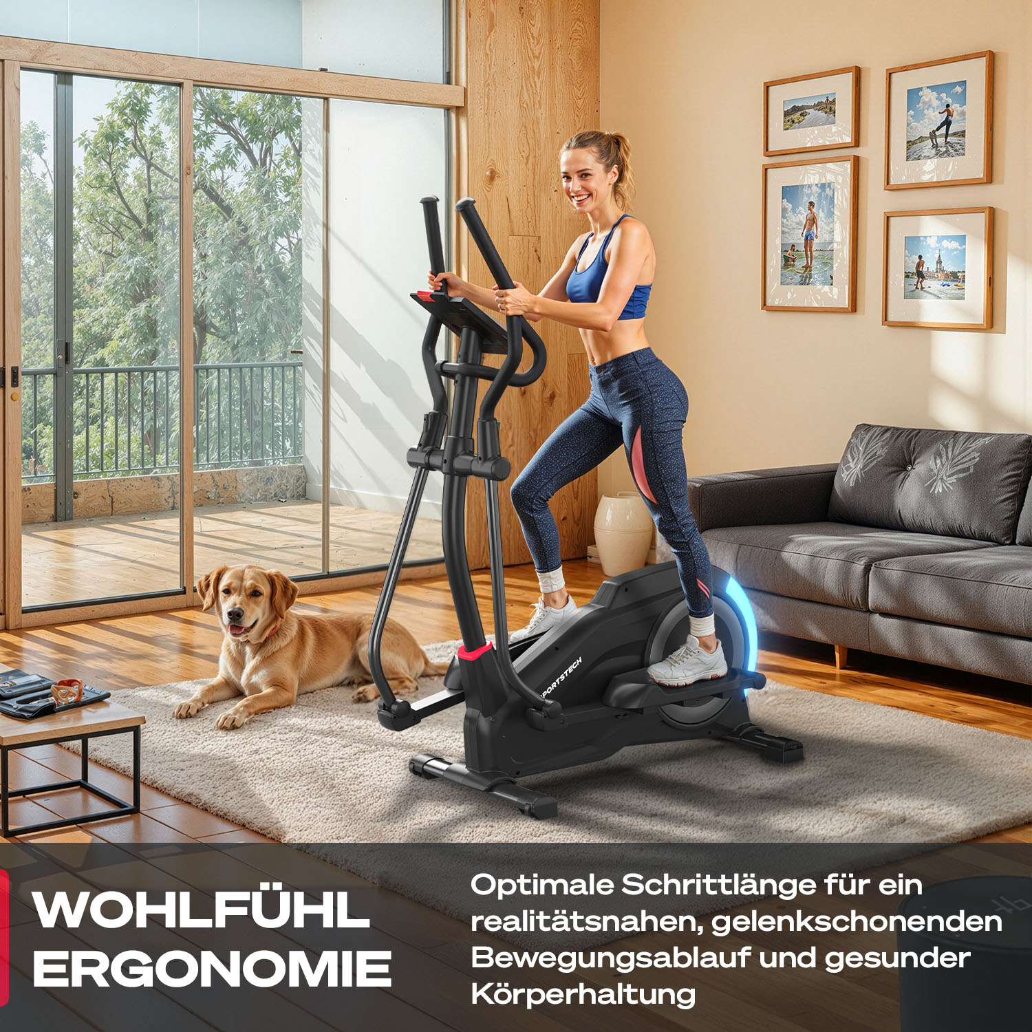 Frau trainiert auf einem Crosstrainer. Ein Hund liegt in der Nähe auf dem Boden. Wohnzimmer mit Fenster und Bildern.