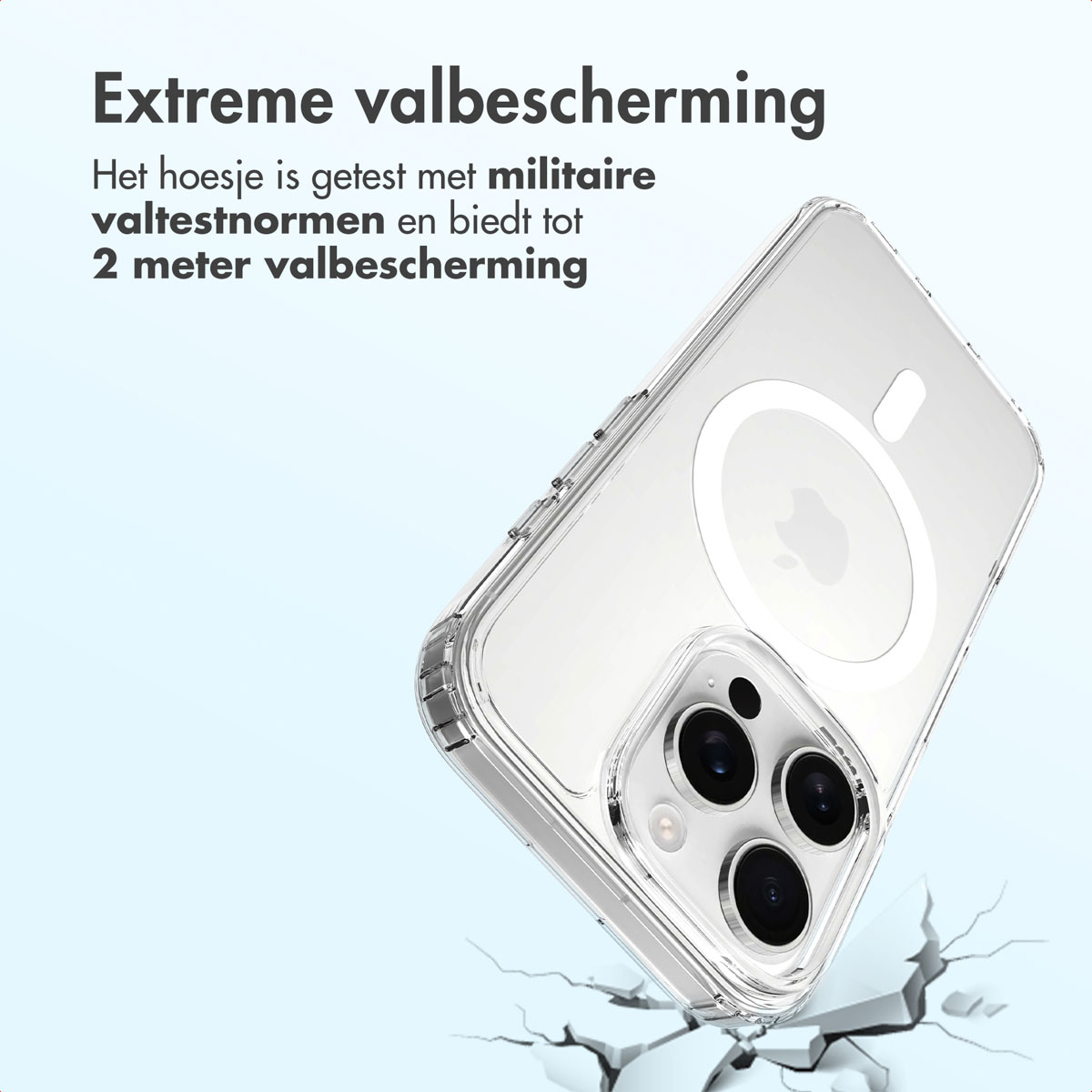 Coque transparente avec trois caméras, cercle blanc et logo Apple. Texte: Protection antichute extrême, testée pour 2 mètres.