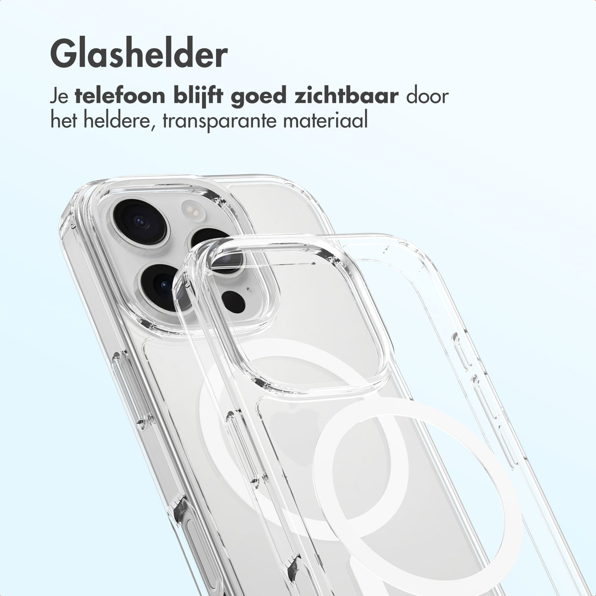 Une coque de téléphone transparente est montrée sur un téléphone. La coque est transparente, avec un motif de cercle blanc au dos.