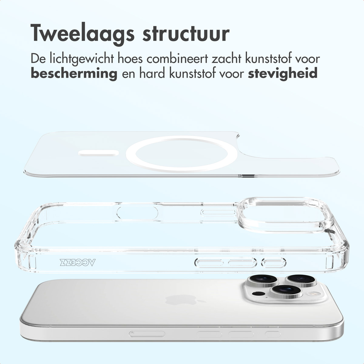 Un étui de téléphone transparent à trois couches. La couche supérieure est transparente, le milieu est un étui transparent, le bas est un téléphone blanc.