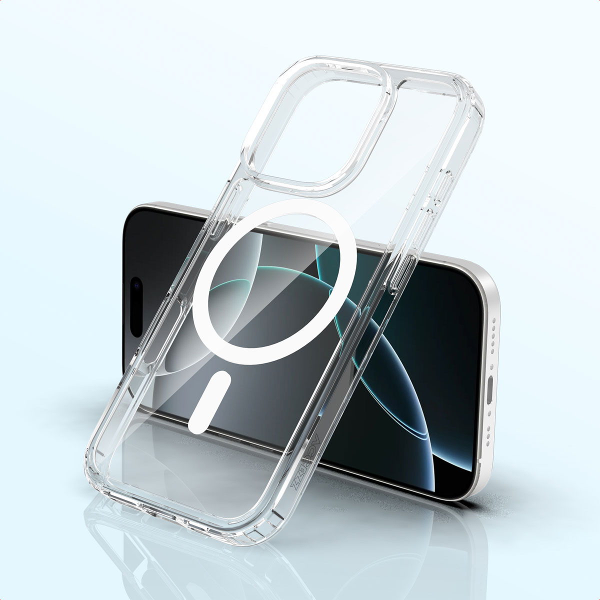 Coque de téléphone transparente sur un téléphone. La coque a un design circulaire blanc. Le téléphone a un écran noir et des bords argentés.