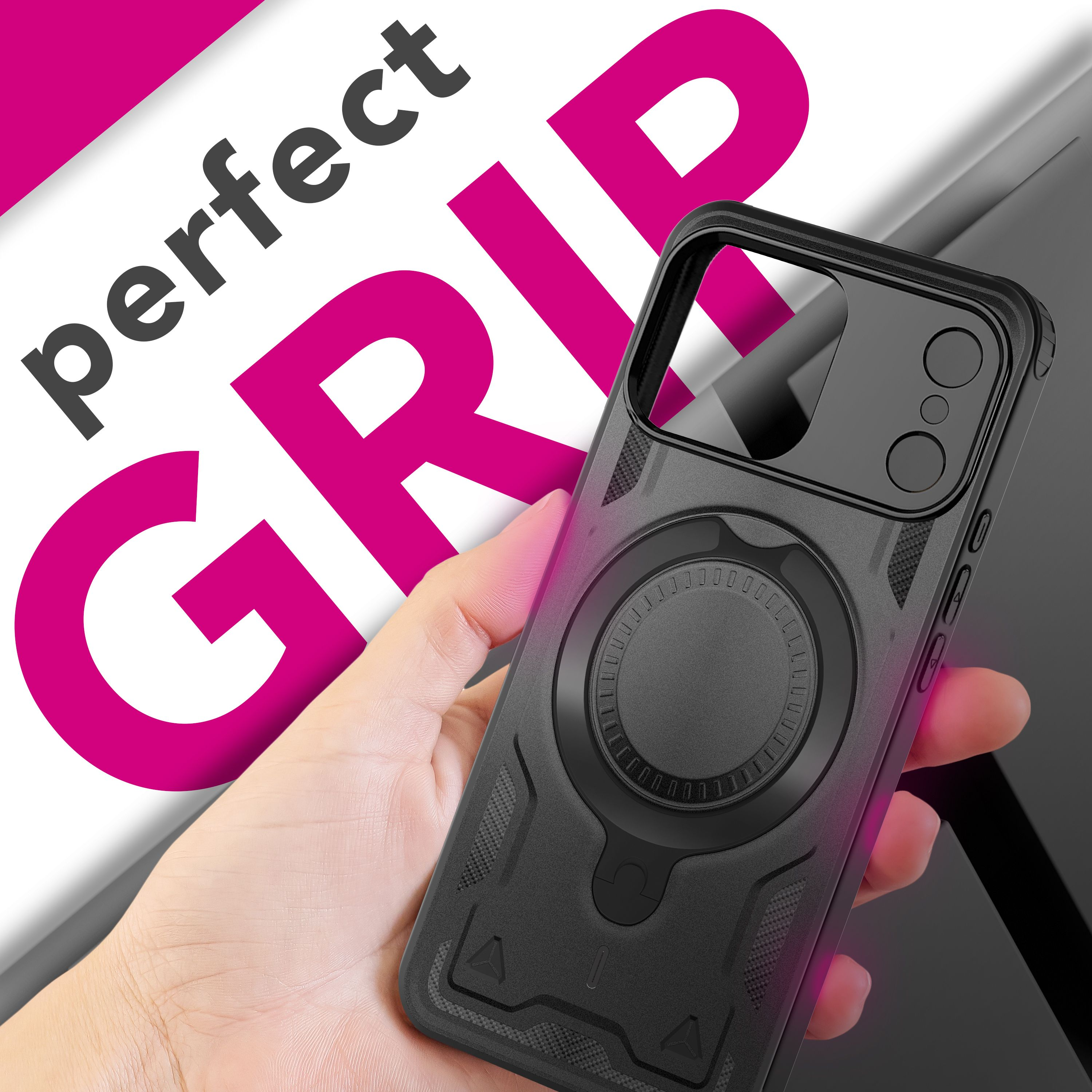 Una mano tiene una custodia nera per telefono. La custodia ha un'impugnatura circolare e un ritaglio per la fotocamera. La parola 'perfect grip' è visibile.