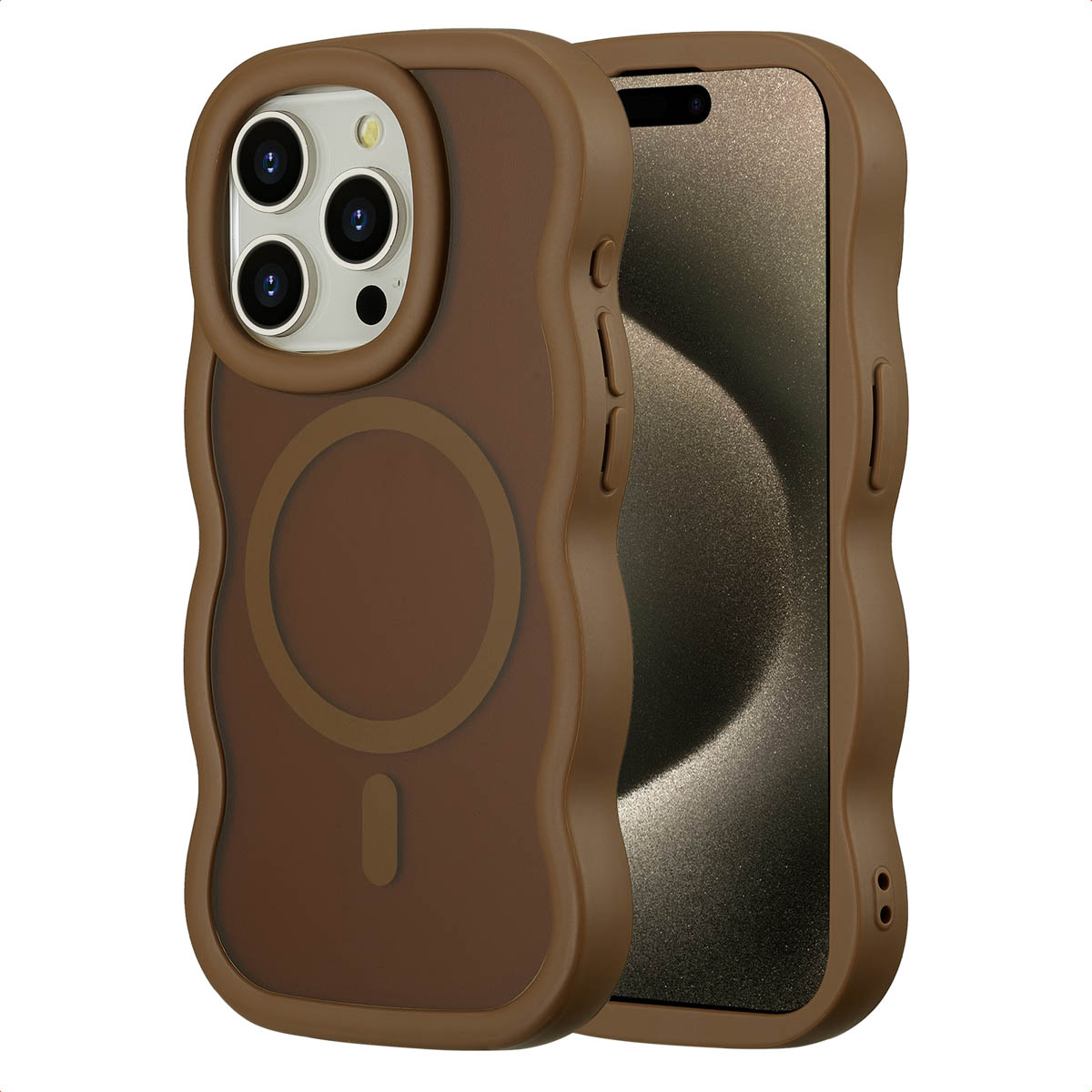 Bruine telefoonhoes met golvende randen, camera-uitsparingen en een magnetische cirkel. Het scherm van de telefoon is zichtbaar.