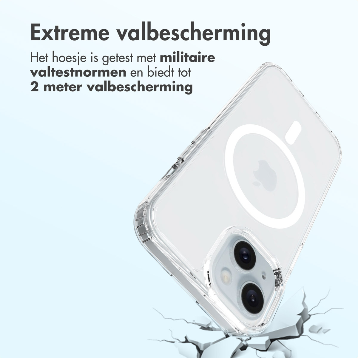 Clear phone case with MagSafe, angled, over a cracked surface. Text says 'Extreme drop protection', tested with military standards.