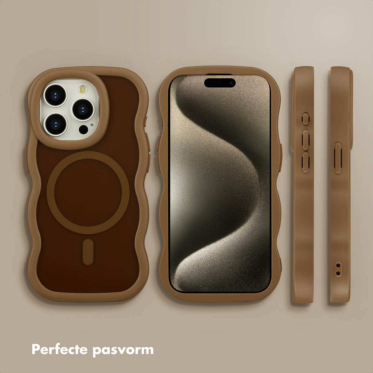 Bruine telefoonhoesjes en een telefoon. De hoesjes staan in verschillende posities. Het scherm heeft een golvende gradiënt. De achtergrond is beige.