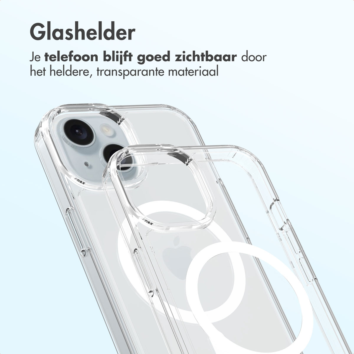 Clear phone case over an iPhone. The case is transparent, showing the phone's camera and the Apple logo. Text at the top.