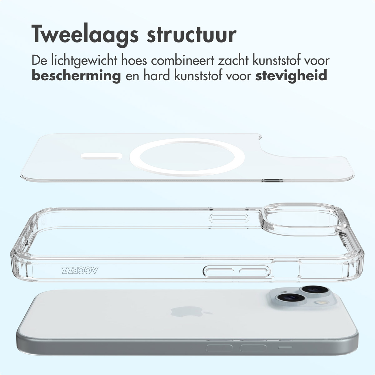 Clear phone case components stacked above a silver phone. Text in Dutch describes the case's two-layer structure.