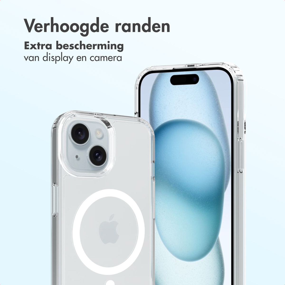 Two clear phone cases showcasing raised edges for display and camera protection. One case has a phone inside.